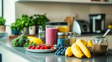 A vibrant kitchen setup with flavored whey protein powders displayed next to fresh smoothie ingredientsの素材