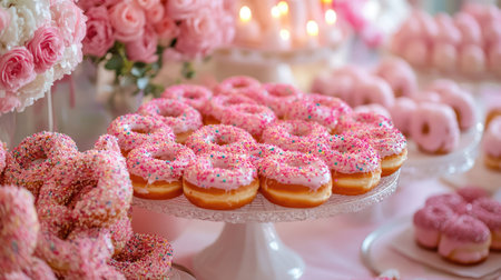 A vibrant image of pink sprinkle donuts lined up on a pastel-colored dessert tableの素材