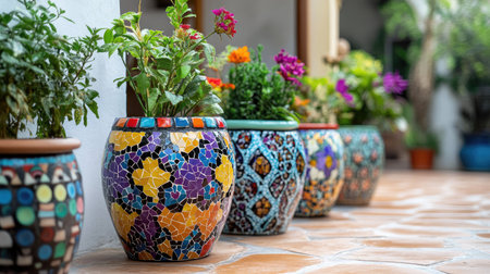 A vibrant outdoor patio decorated with artificial plants in mosaic-patterned potsの素材