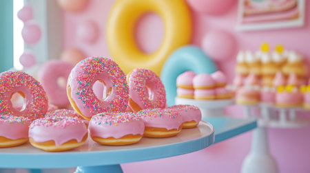 A vibrant image of pink sprinkle donuts lined up on a pastel-colored dessert tableの素材