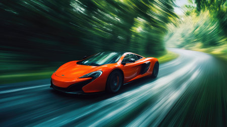 A vibrant orange sports car speeding through a forest road, motion blur blending with green sceneryの素材