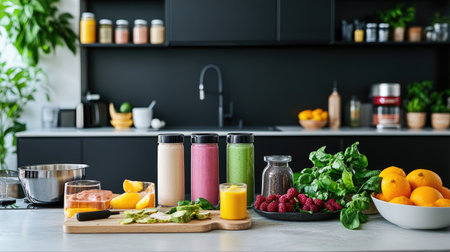 A vibrant kitchen setup with flavored whey protein powders displayed next to fresh smoothie ingredientsの素材
