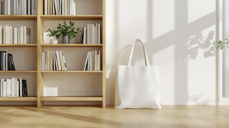 Minimalist square tote bag on the floor next to a sleek wooden bookshelf in a tidy living roomの素材