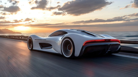 A white sports car accelerating on a coastal highway at dawn, with dramatic motion blur and sun streaksの素材