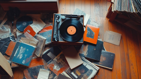 A vinyl collection scattered across the floor with a vintage record player in the centerの素材