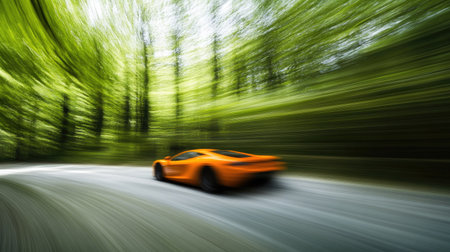 A vibrant orange sports car speeding through a forest road, motion blur blending with green sceneryの素材