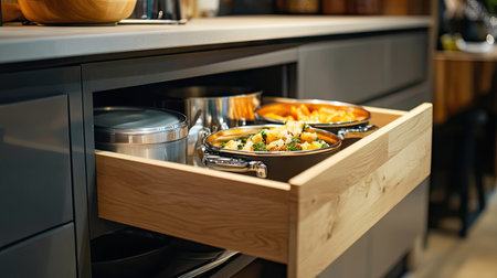 Drawer in a compact apartment cabinet, pulled out to display space-saving kitchen gadgetsの素材