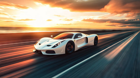 A white sports car accelerating on a coastal highway at dawn, with dramatic motion blur and sun streaksの素材