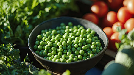 A vibrant outdoor market stall with a bowl of green organic peas among other fresh produceの素材