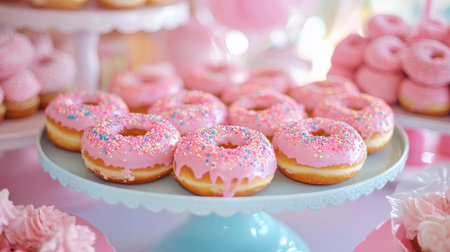 A vibrant image of pink sprinkle donuts lined up on a pastel-colored dessert tableの素材