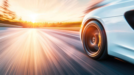 A white sports car accelerating on an open highway at dawn, with golden light trails behind itの素材