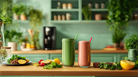 A vibrant kitchen setup with flavored whey protein powders displayed next to fresh smoothie ingredientsの素材
