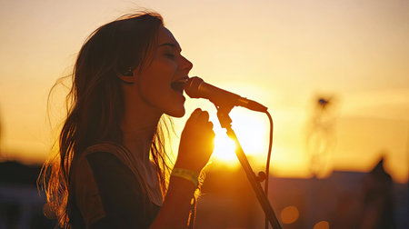A young woman on an outdoor festival stage, singing into a microphone with the sun setting behind herの素材