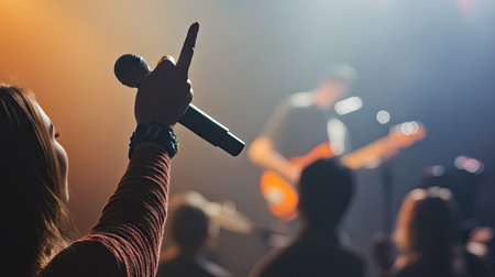 A woman singing energetically with a microphone during a live band performance on a large stageの素材
