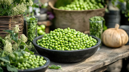 A vibrant outdoor market stall with a bowl of green organic peas among other fresh produceの素材