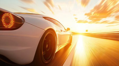 A white sports car accelerating on an open highway at dawn, with golden light trails behind itの素材