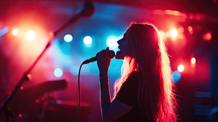 A woman singing into a wireless microphone on a brightly lit stage at a corporate eventの素材