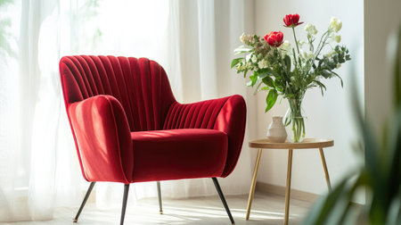 Chic red velvet armchair styled with a side table holding a vase of fresh flowers in a bright roomの素材