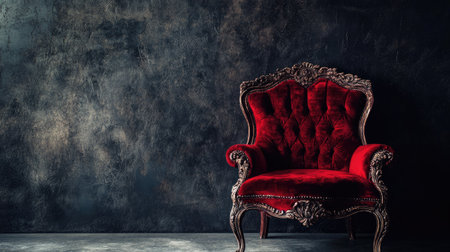 A vintage red velvet chair with intricate carvings, placed against a dark, textured wallの素材