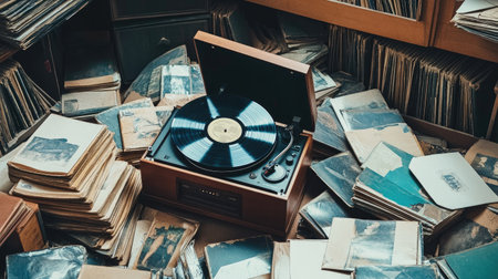 A vinyl collection scattered across the floor with a vintage record player in the centerの素材