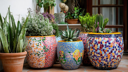 A vibrant outdoor patio decorated with artificial plants in mosaic-patterned potsの素材