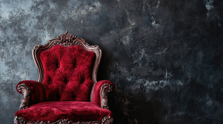 A vintage red velvet chair with intricate carvings, placed against a dark, textured wallの素材
