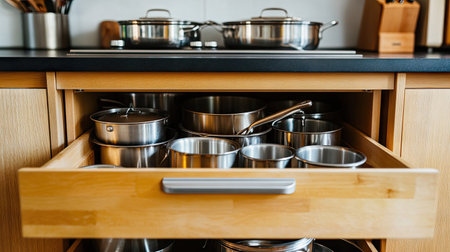 Open kitchen cabinet drawer containing neatly arranged pots and pans in a modern kitchenの素材