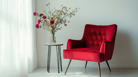 Chic red velvet armchair styled with a side table holding a vase of fresh flowers in a bright roomの素材