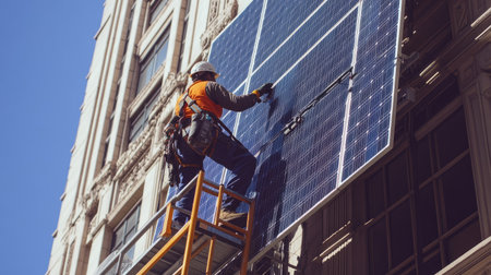 A worker on scaffolding cleaning solar panels installed on the side of a tall buildingの素材