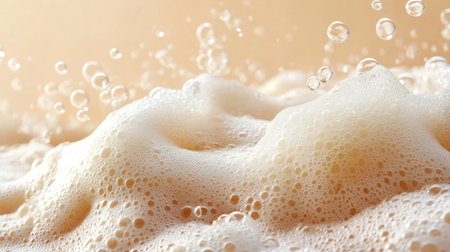A wave of foam with bubbles of different sizes on a sandy-colored backgroundの素材