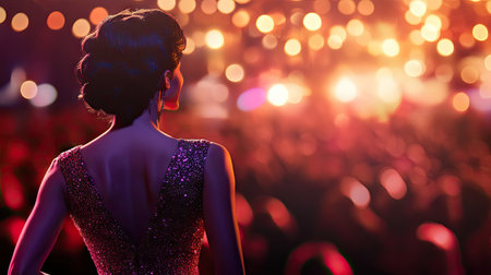 A woman in a glittering dress singing on a grand stage, with a cheering crowd in the backgroundの素材