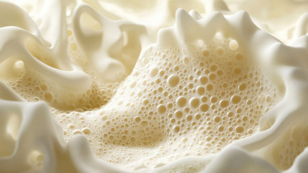 Foam forming intricate bubble clusters on a soft cream-colored surfaceの素材