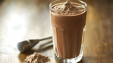 A well-lit photo of a chocolate whey protein shake in a glass with protein powder and a scoop next to itの素材