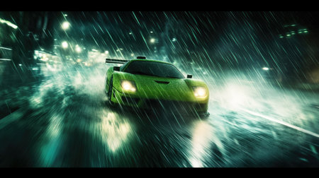 A vivid green sports car racing through a stormy night, with rain and motion blur creating a cinematic feelの素材
