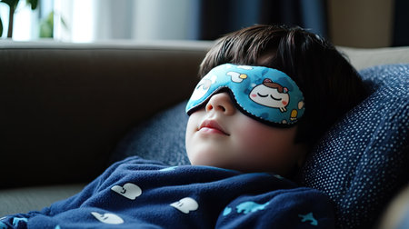 Child wearing a cartoon-themed eye mask, peacefully napping on a cozy sofaの素材