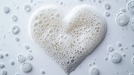 Delicate foam bubbles arranged in a heart shape on a flat white surfaceの素材