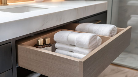 Open drawer in a modern bathroom vanity, revealing a mix of rolled towels and bath accessoriesの素材