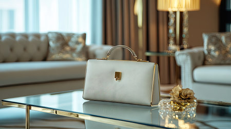 Elegant square clutch bag with gold accents resting on a glass coffee table in a luxurious living roomの素材