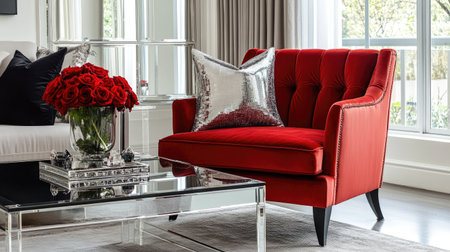 Red velvet accent chair paired with a mirrored coffee table in a modern, glamorous living roomの素材