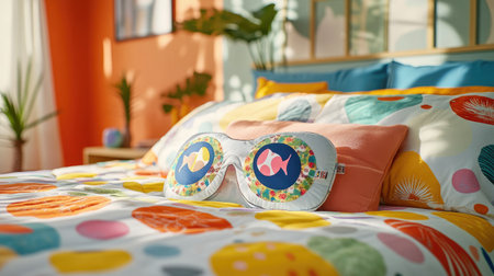 Eye mask with a quirky design, placed on a colorful duvet in a playful bedroom settingの素材