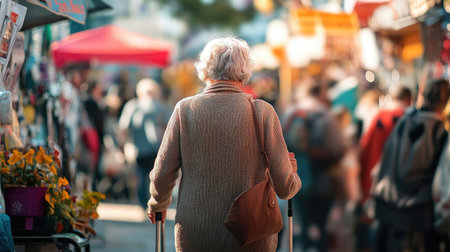 A woman using a walking stick to navigate through a bustling outdoor festivalの素材