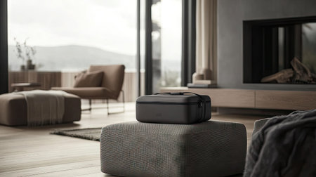 Compact square bag with tech gadgets, lying on a modern ottoman in a Scandinavian-style living roomの素材