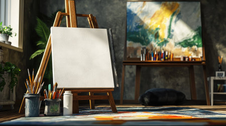 Compact square bag with art supplies, set on the floor next to an easel in the corner of the living roomの素材