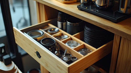 Drawer in a compact apartment cabinet, pulled out to display space-saving kitchen gadgetsの素材