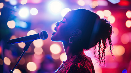 A woman singing into a wireless microphone on a brightly lit stage at a corporate eventの素材