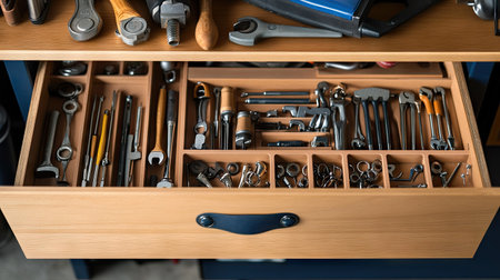Open drawer in a garage cabinet, filled with organized tools and hardware neatly placed in compartmentsの素材