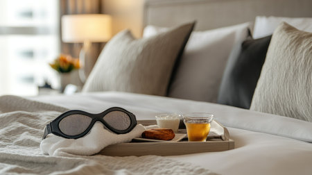 Eye mask and a plush robe on a hotel bed, styled with a room service tray for a luxury vibeの素材