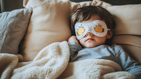 Child wearing a cartoon-themed eye mask, peacefully napping on a cozy sofaの素材