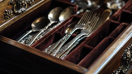 Open drawer in a vintage chest, revealing ornate silverware wrapped in velvet-lined compartmentsの素材