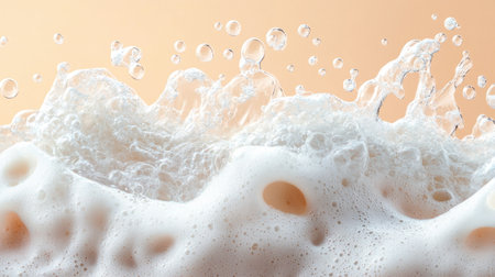 A wave of foam with bubbles of different sizes on a sandy-colored backgroundの素材
